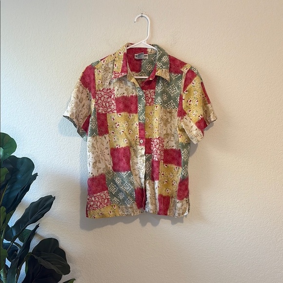 Alfred Dunner Petite 12P Colorful Patchwork Short Sleeve linen blend Shirt - Picture 1 of 4